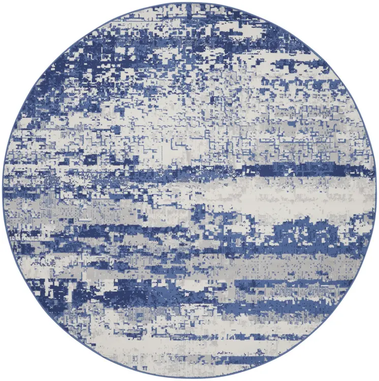 8' Ivory and Navy Blue Abstract Round Rug