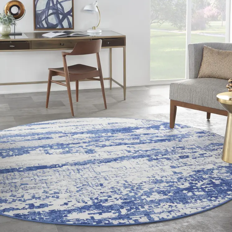 8' Ivory and Navy Blue Abstract Round Rug