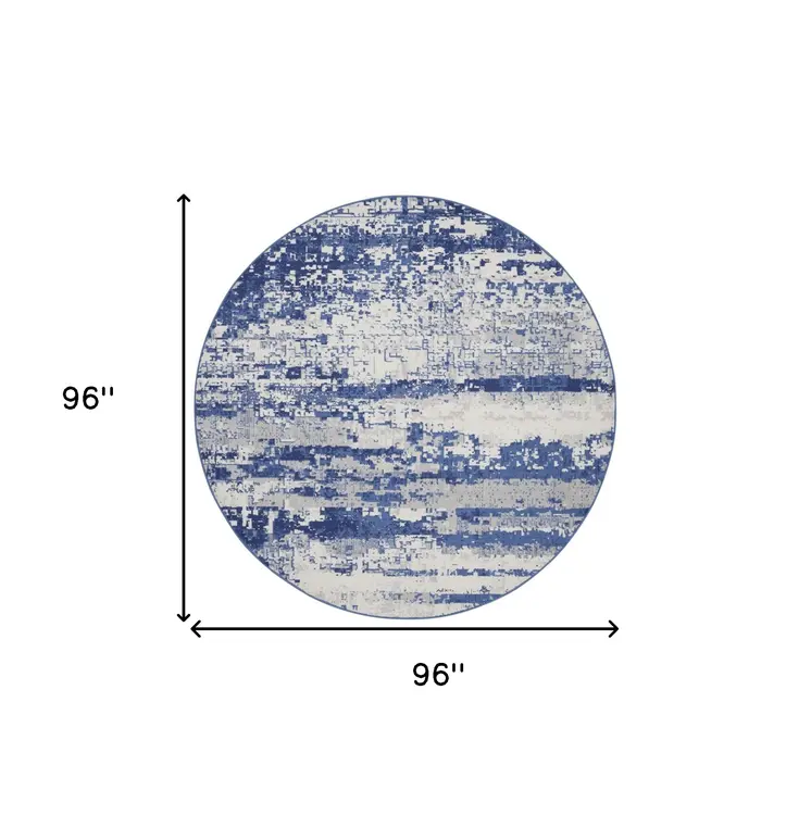 8' Ivory and Navy Blue Abstract Round Rug