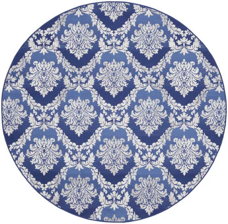 8' Ivory and Blue Damask Distressed Round Rug
