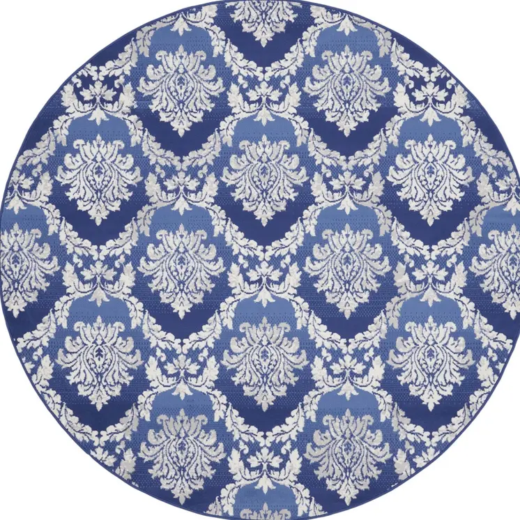 8' Ivory and Blue Damask Distressed Round Rug