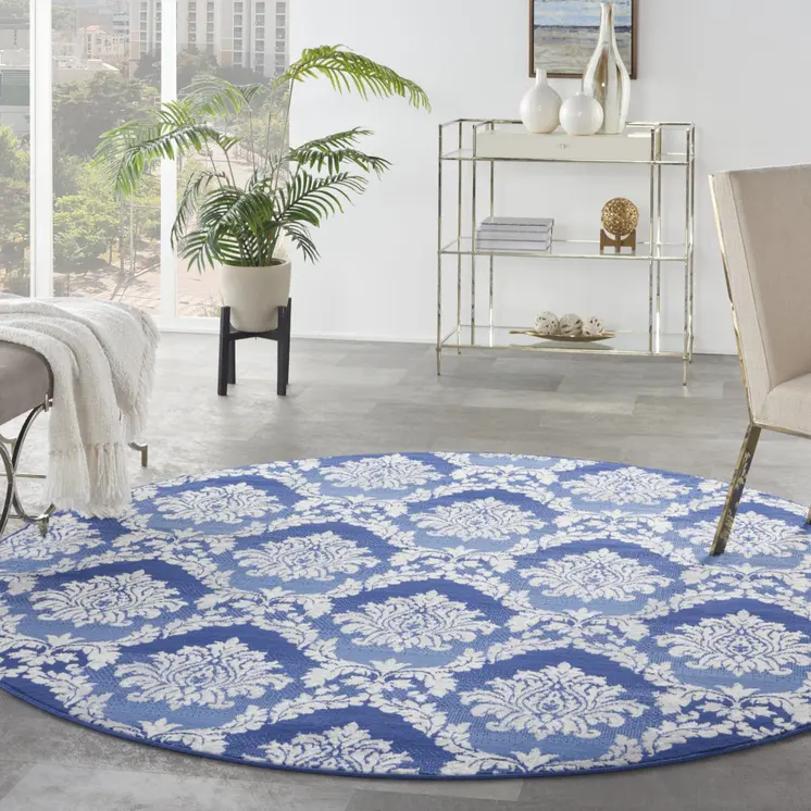 8' Ivory and Blue Damask Distressed Round Rug