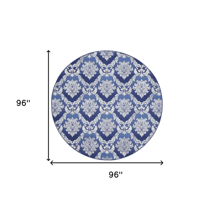 8' Ivory and Blue Damask Distressed Round Rug
