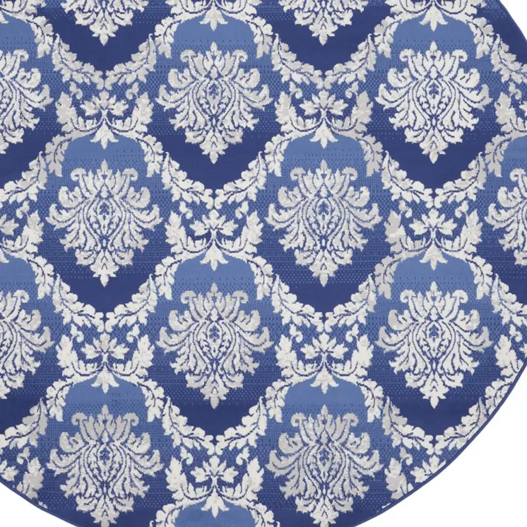 8' Ivory and Blue Damask Distressed Round Rug