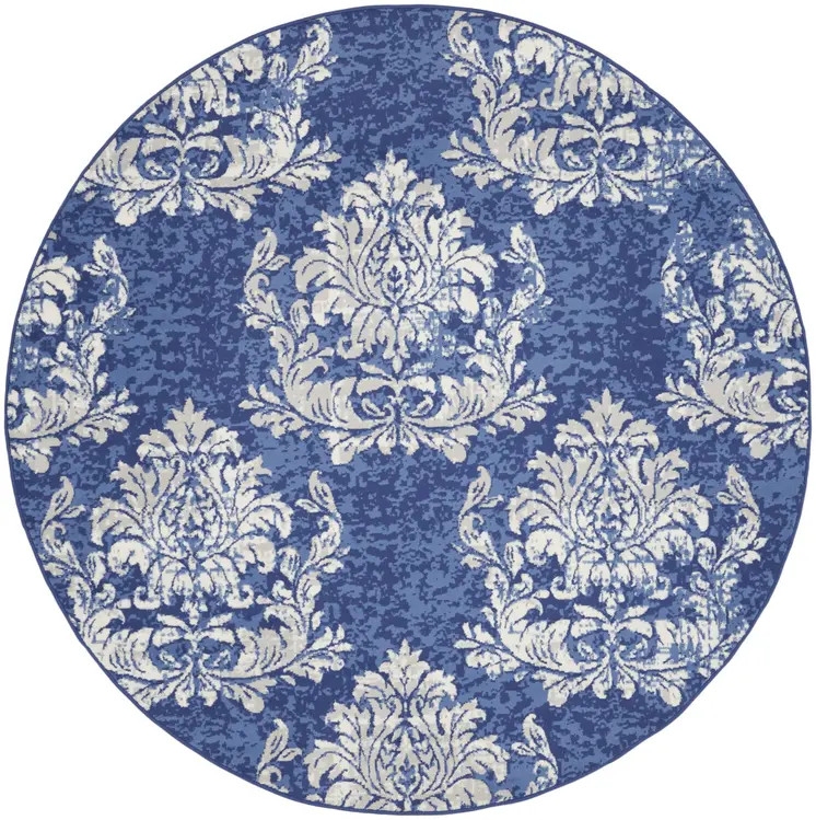 8' Navy Blue and Ivory Damask Distressed Round Rug