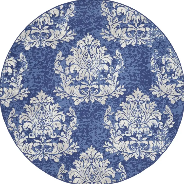 8' Navy Blue and Ivory Damask Distressed Round Rug