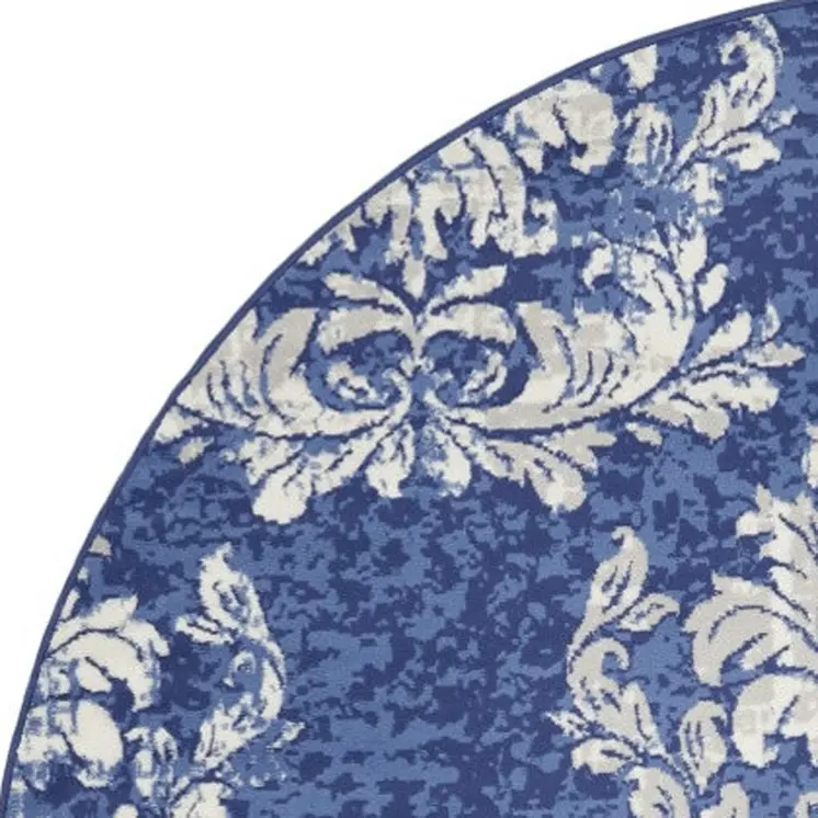 8' Navy Blue and Ivory Damask Distressed Round Rug