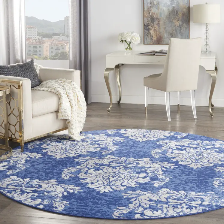 8' Navy Blue and Ivory Damask Distressed Round Rug