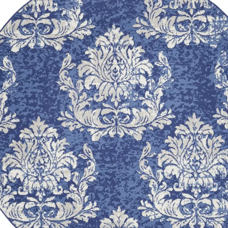 8' Navy Blue and Ivory Damask Distressed Round Rug