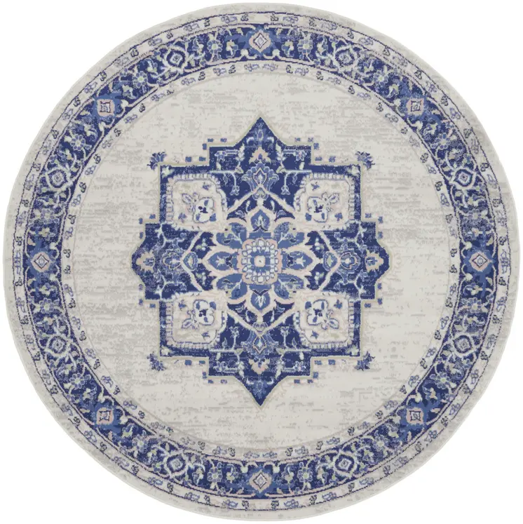 8' Ivory and Blue Floral Round Rug