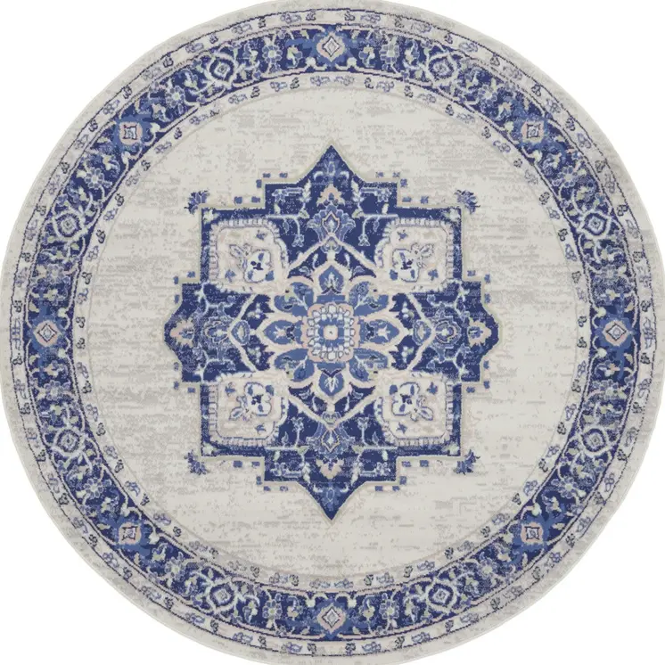 8' Ivory and Blue Floral Round Rug