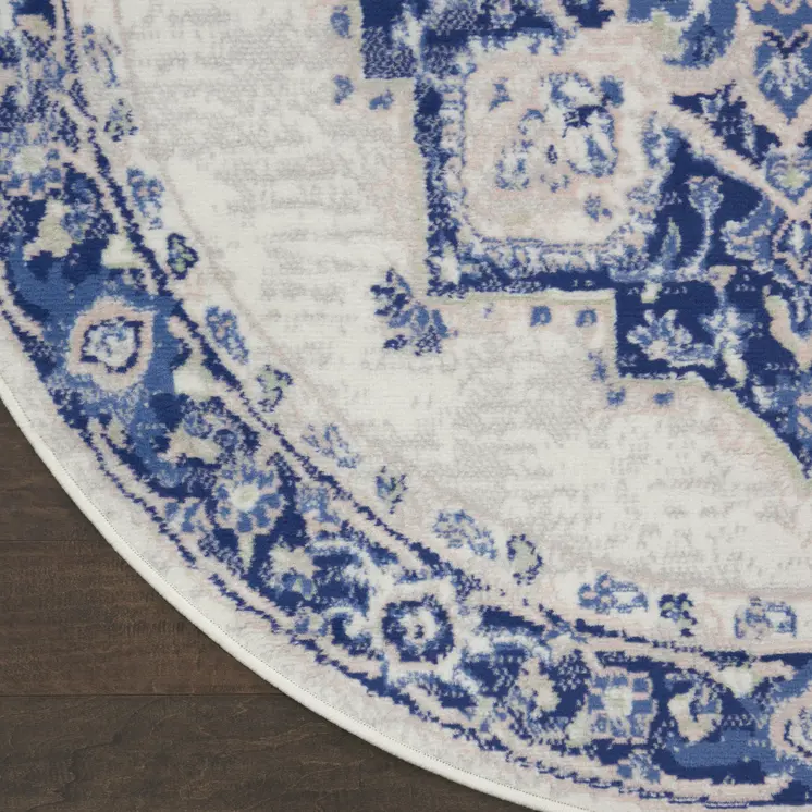 8' Ivory and Blue Floral Round Rug