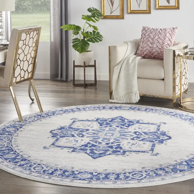 8' Ivory and Blue Floral Round Rug