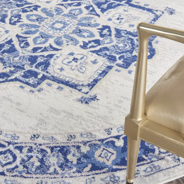 8' Ivory and Blue Floral Round Rug