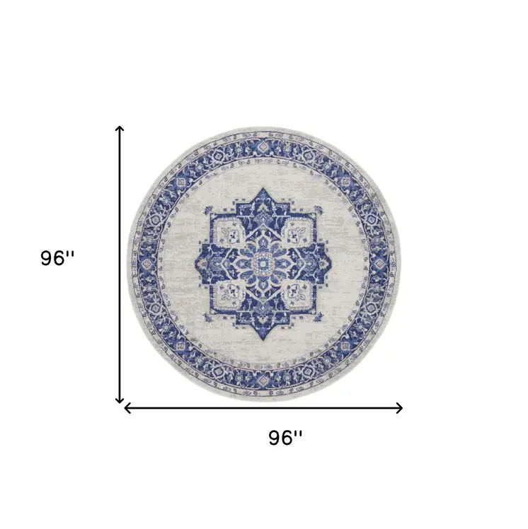 8' Ivory and Blue Floral Round Rug