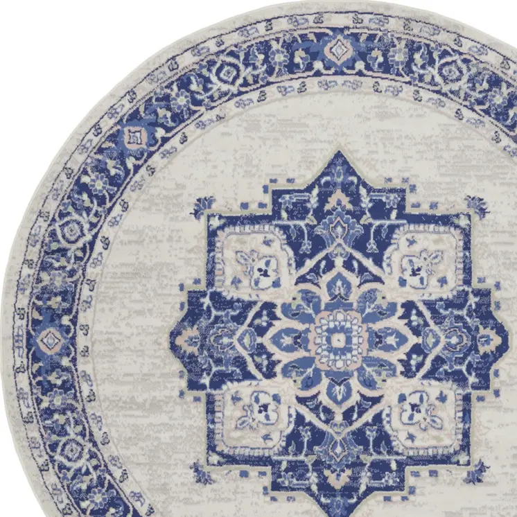 8' Ivory and Blue Floral Round Rug