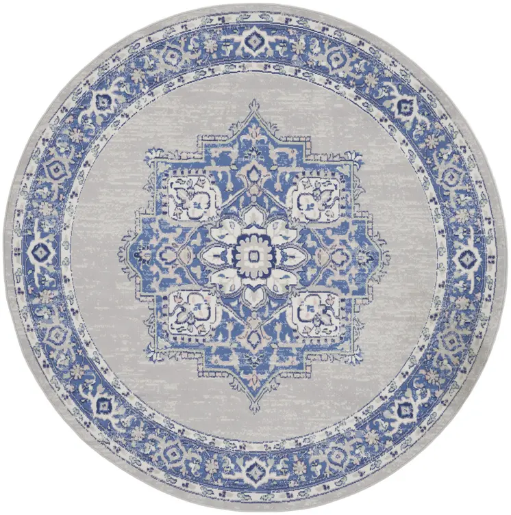 8' Ivory Blue and Gray Floral Round Rug