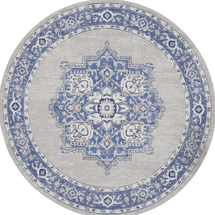 8' Ivory Blue and Gray Floral Round Rug
