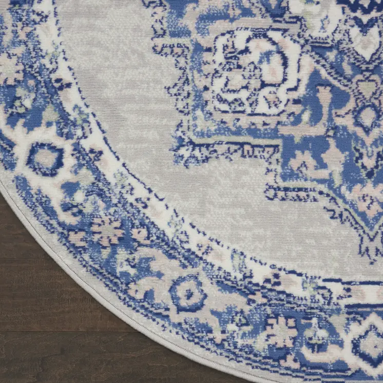 8' Ivory Blue and Gray Floral Round Rug