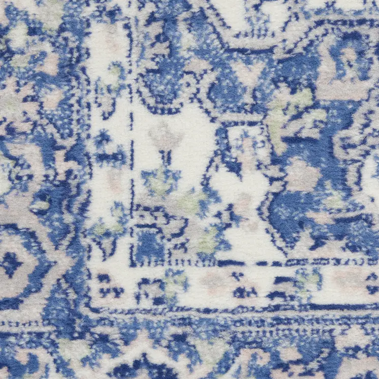 8' Ivory Blue and Gray Floral Round Rug