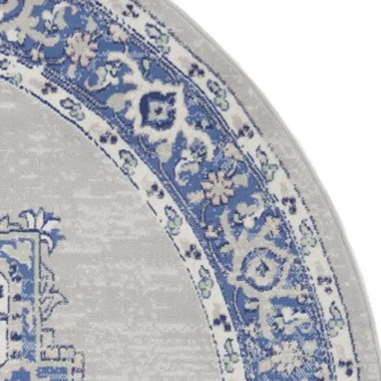 8' Ivory Blue and Gray Floral Round Rug