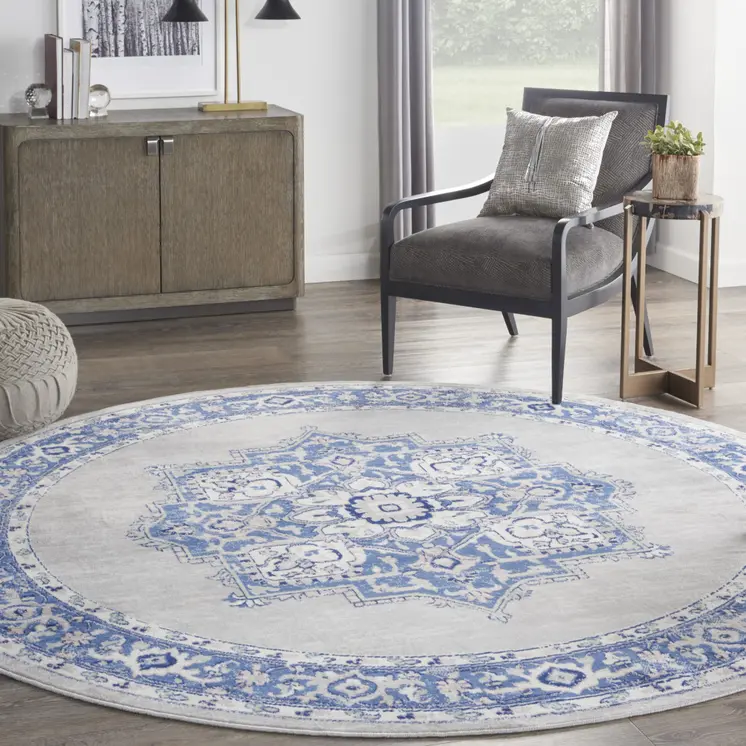 8' Ivory Blue and Gray Floral Round Rug