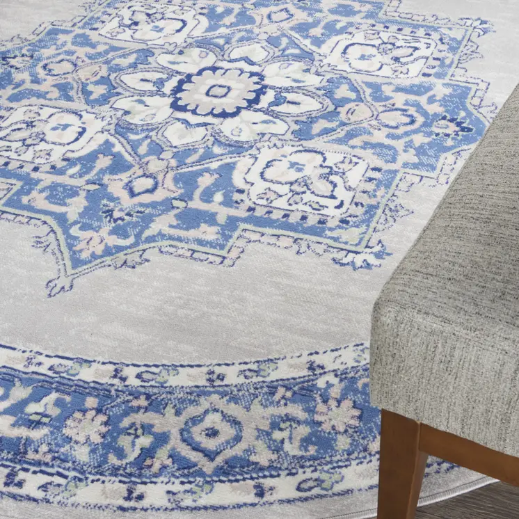 8' Ivory Blue and Gray Floral Round Rug