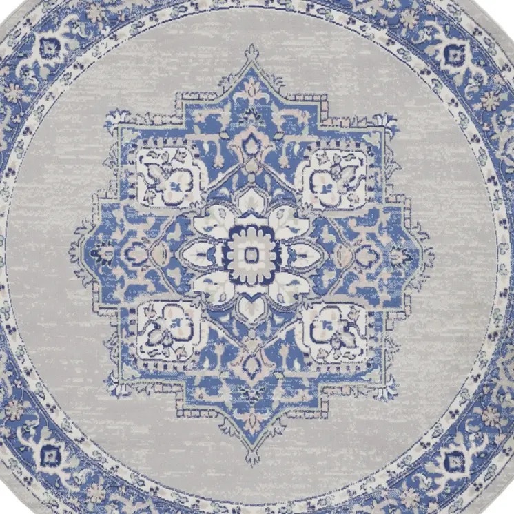 8' Ivory Blue and Gray Floral Round Rug