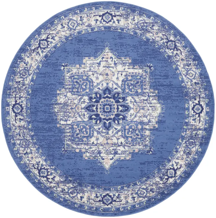 8' Ivory Navy Blue and Beige Floral Medallion Round Rug