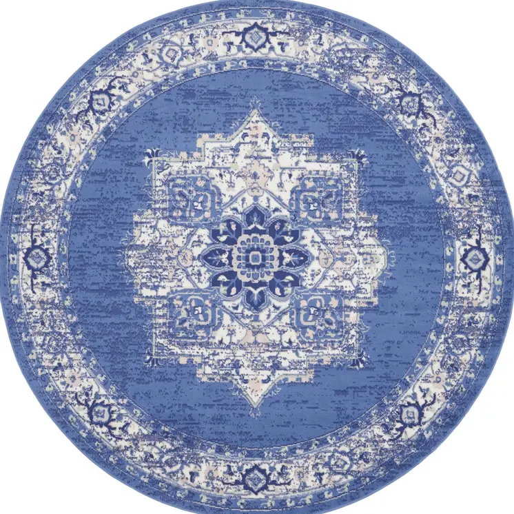 8' Ivory Navy Blue and Beige Floral Medallion Round Rug