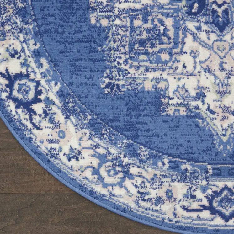 8' Ivory Navy Blue and Beige Floral Medallion Round Rug