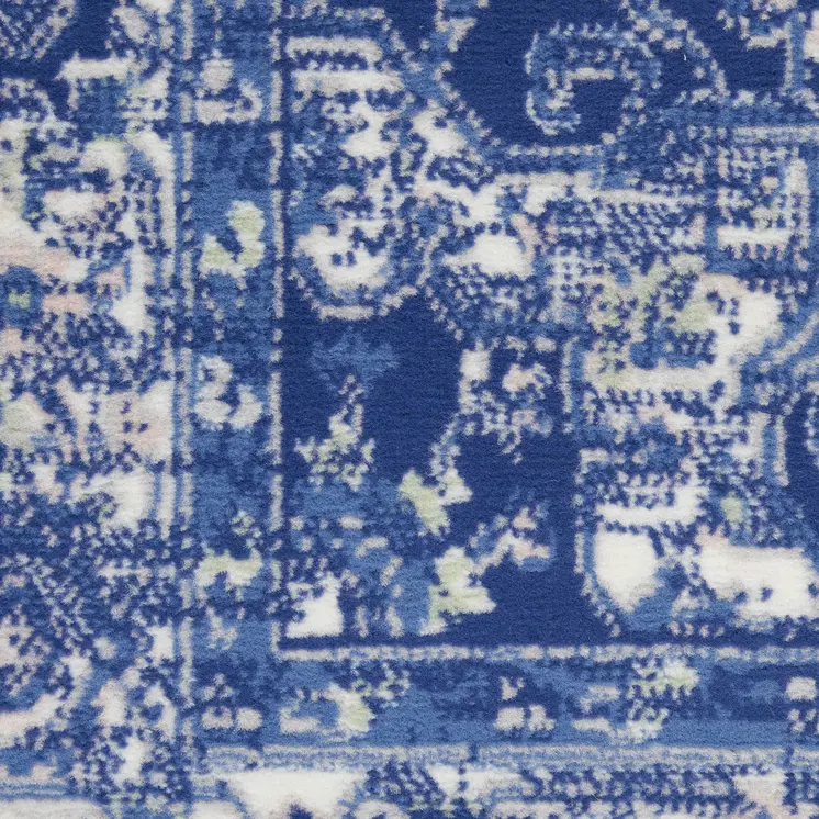 8' Ivory Navy Blue and Beige Floral Medallion Round Rug