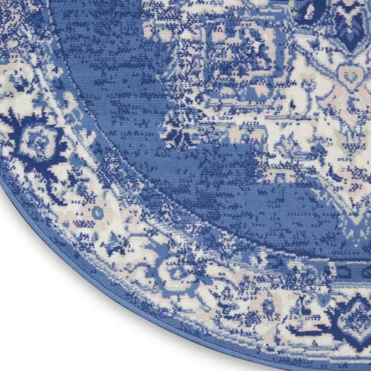 8' Ivory Navy Blue and Beige Floral Medallion Round Rug