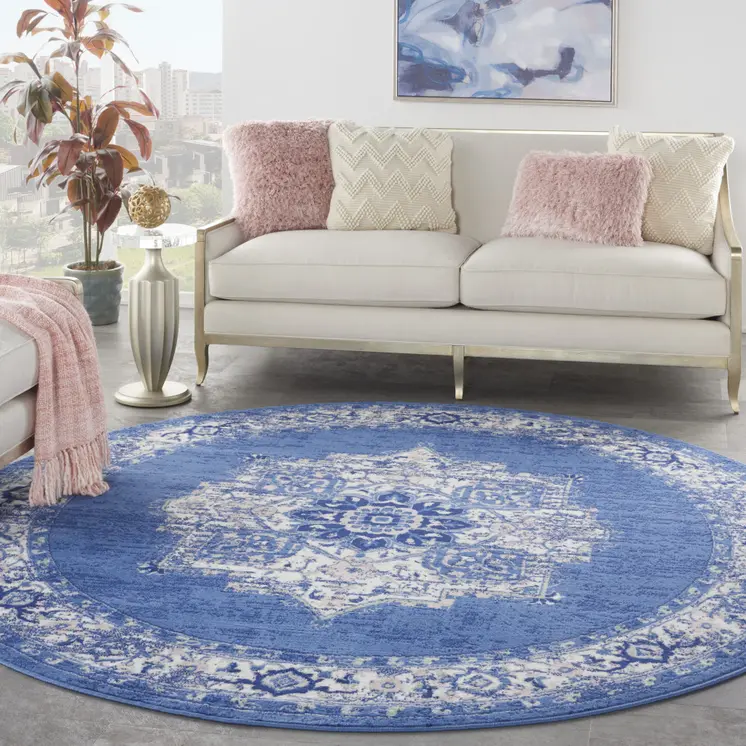 8' Ivory Navy Blue and Beige Floral Medallion Round Rug