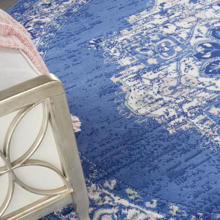 8' Ivory Navy Blue and Beige Floral Medallion Round Rug
