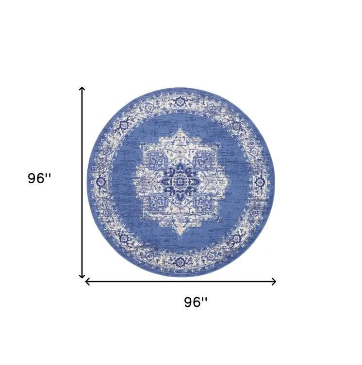 8' Ivory Navy Blue and Beige Floral Medallion Round Rug