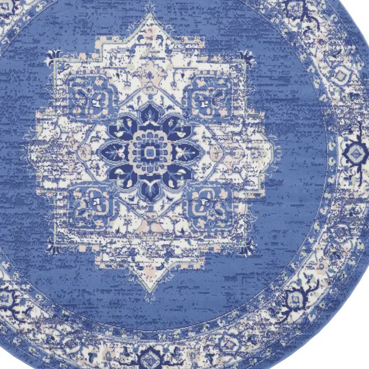 8' Ivory Navy Blue and Beige Floral Medallion Round Rug