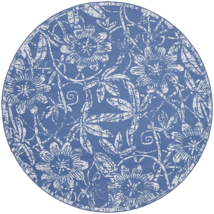 8' Ivory and Blue Floral Distressed Round Rug