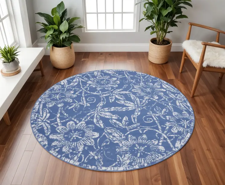 8' Ivory and Blue Floral Distressed Round Rug