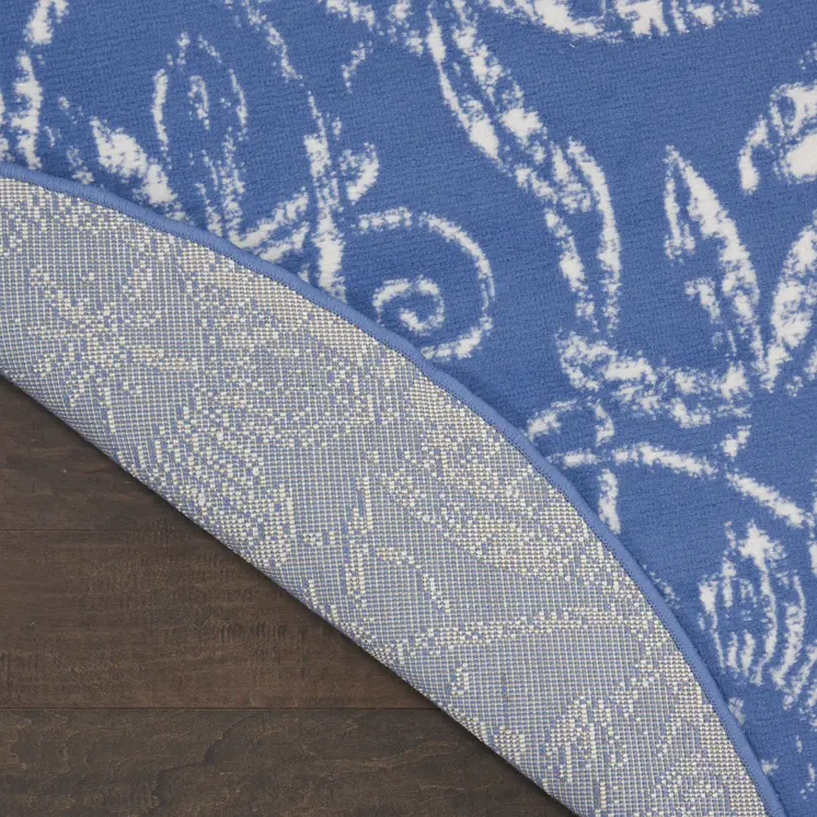 8' Ivory and Blue Floral Distressed Round Rug