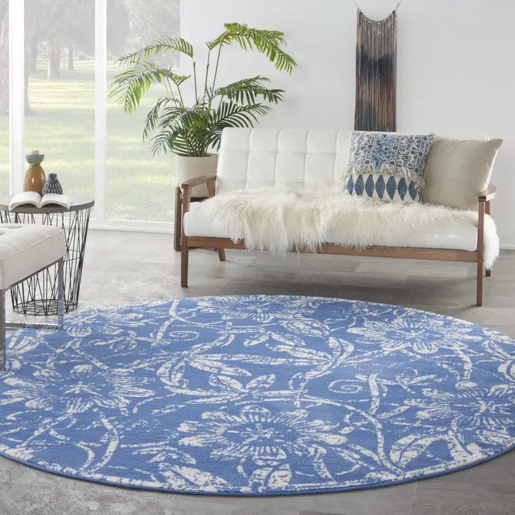 8' Ivory and Blue Floral Distressed Round Rug