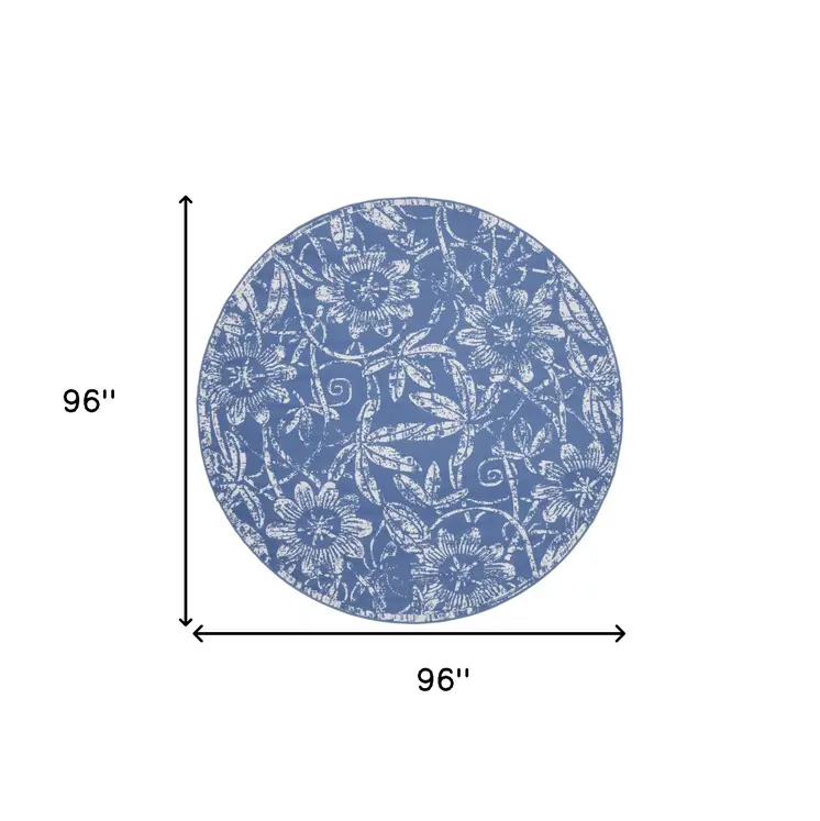 8' Ivory and Blue Floral Distressed Round Rug