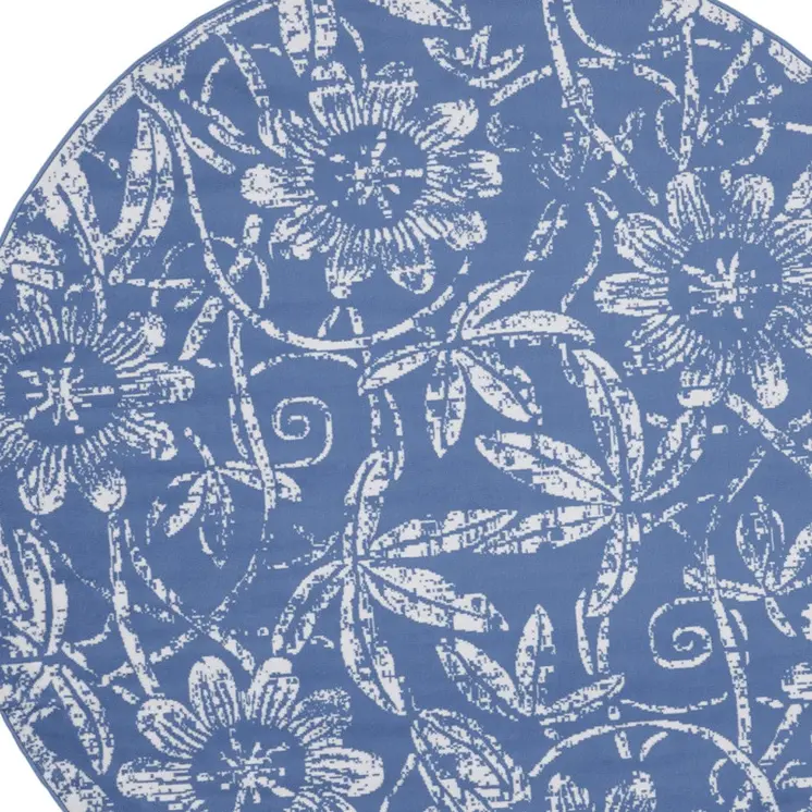 8' Ivory and Blue Floral Distressed Round Rug