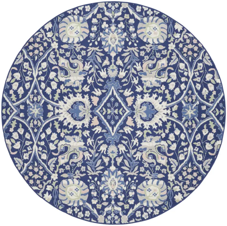 8' Navy Blue Ivory and Beige Floral Round Rug