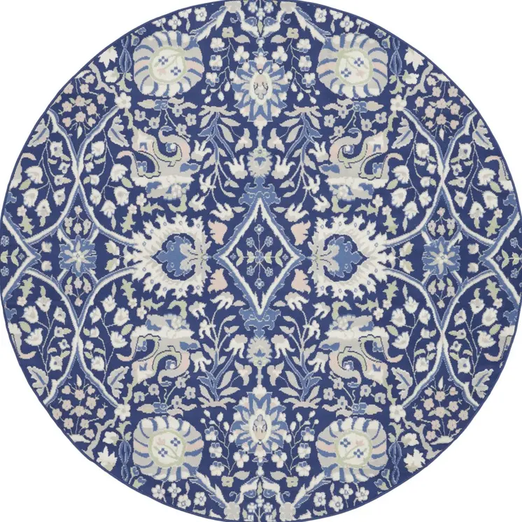 8' Navy Blue Ivory and Beige Floral Round Rug