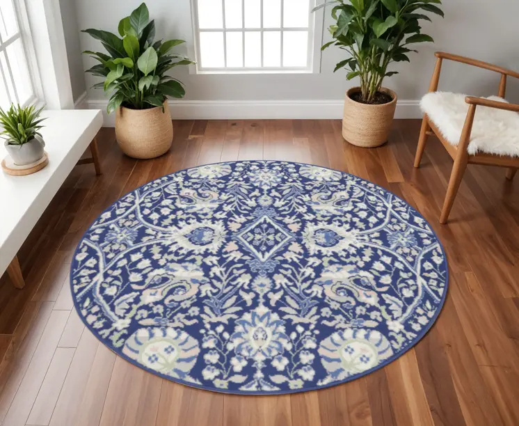 8' Navy Blue Ivory and Beige Floral Round Rug