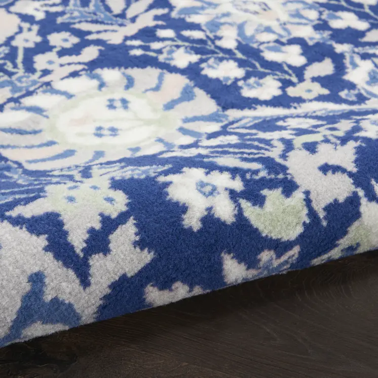 8' Navy Blue Ivory and Beige Floral Round Rug