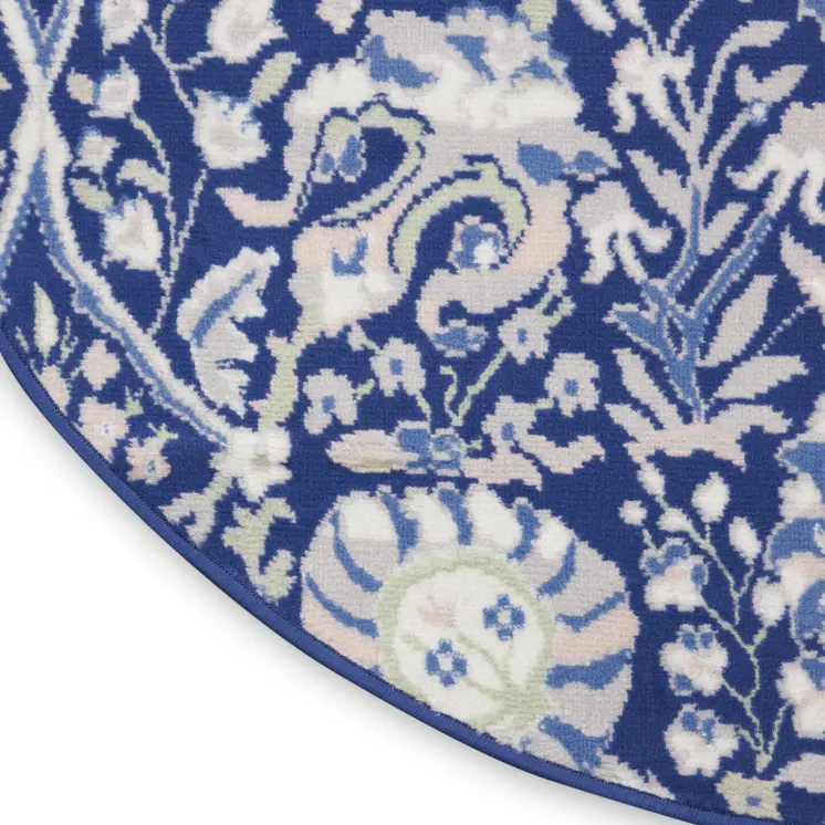 8' Navy Blue Ivory and Beige Floral Round Rug