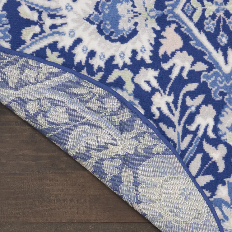 8' Navy Blue Ivory and Beige Floral Round Rug