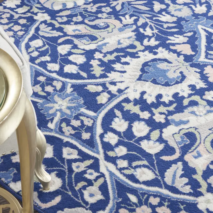 8' Navy Blue Ivory and Beige Floral Round Rug